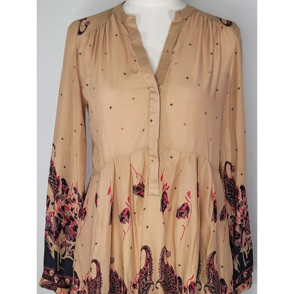 Free People Boho Mini Dress Small Paisley Floral Peasant‎ Tunic Pockets
